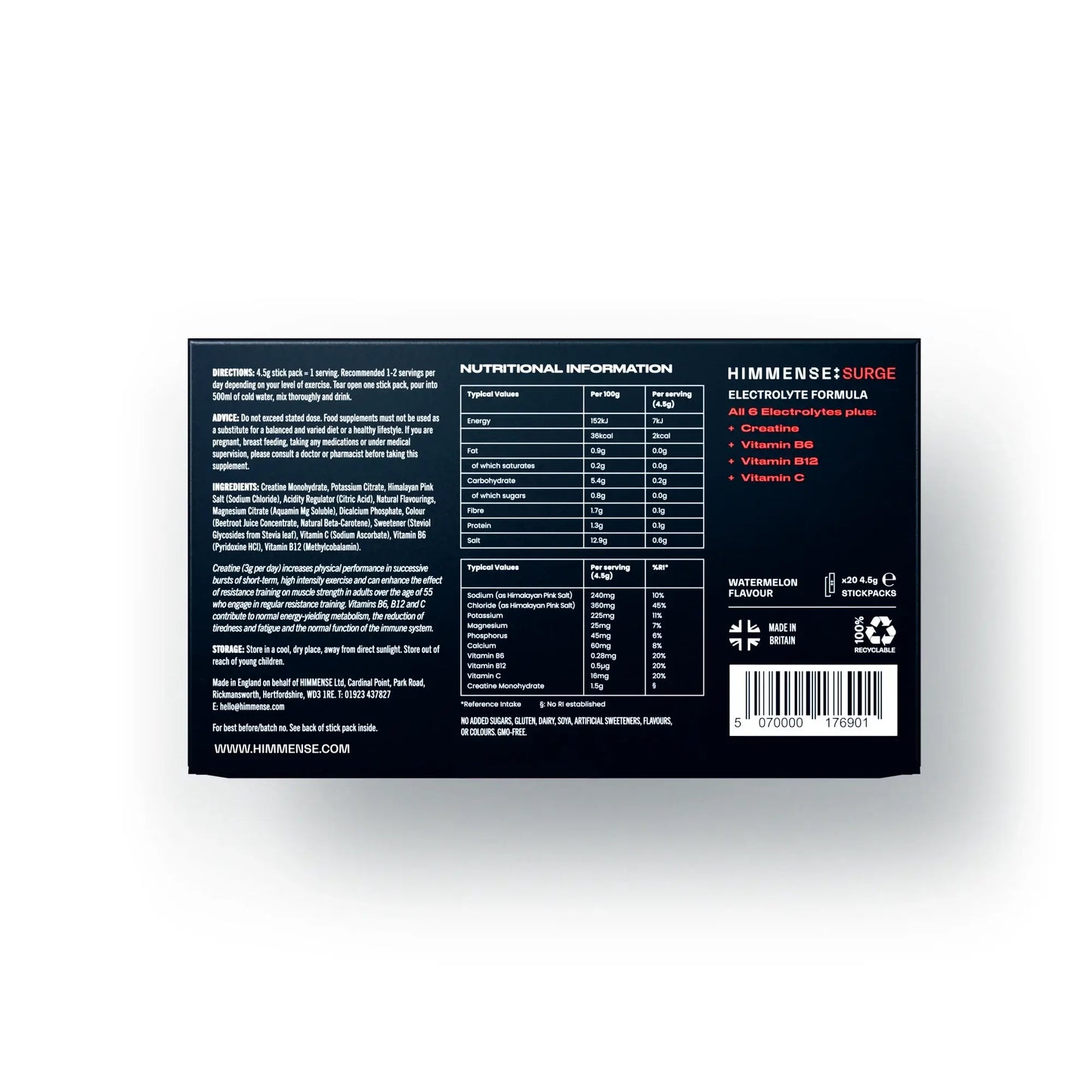 HIMMENSE: SURGE electrolytes product box with nutritional information and ingredients listed.