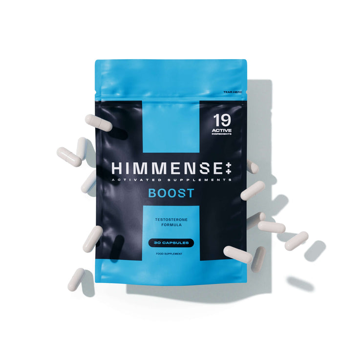 Himmense BOOST testosterone supplement capsules and pouch