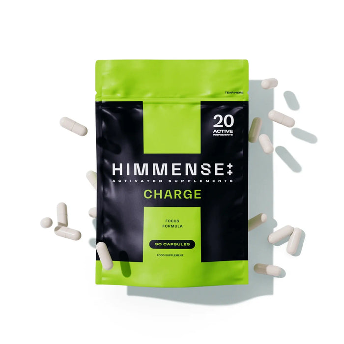 Himmense CHARGE focus and energy supplement capsules and pouch